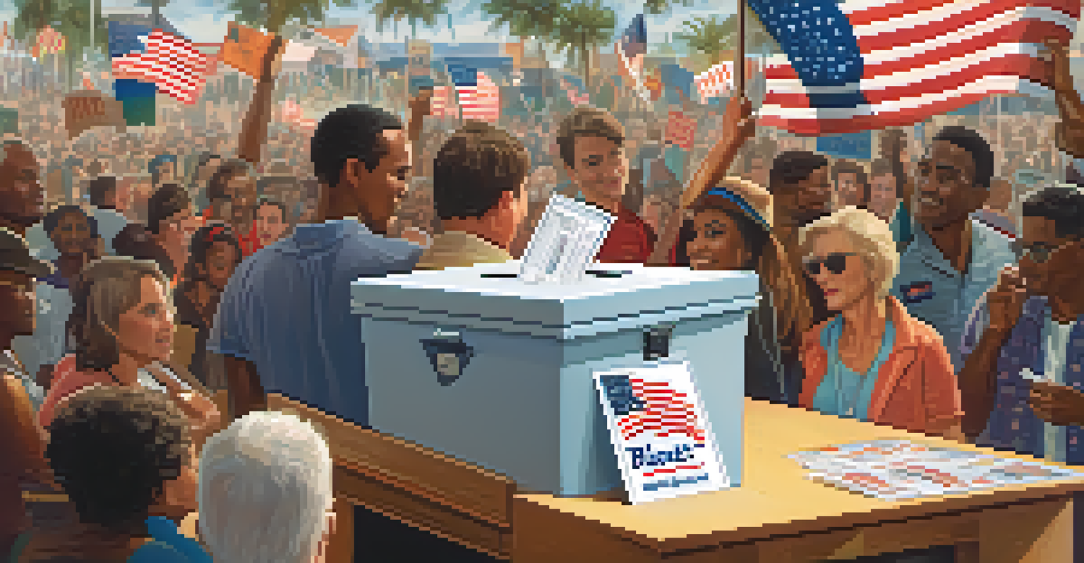 A close-up of a decorated ballot box at a Florida polling station with citizens voting in the background.