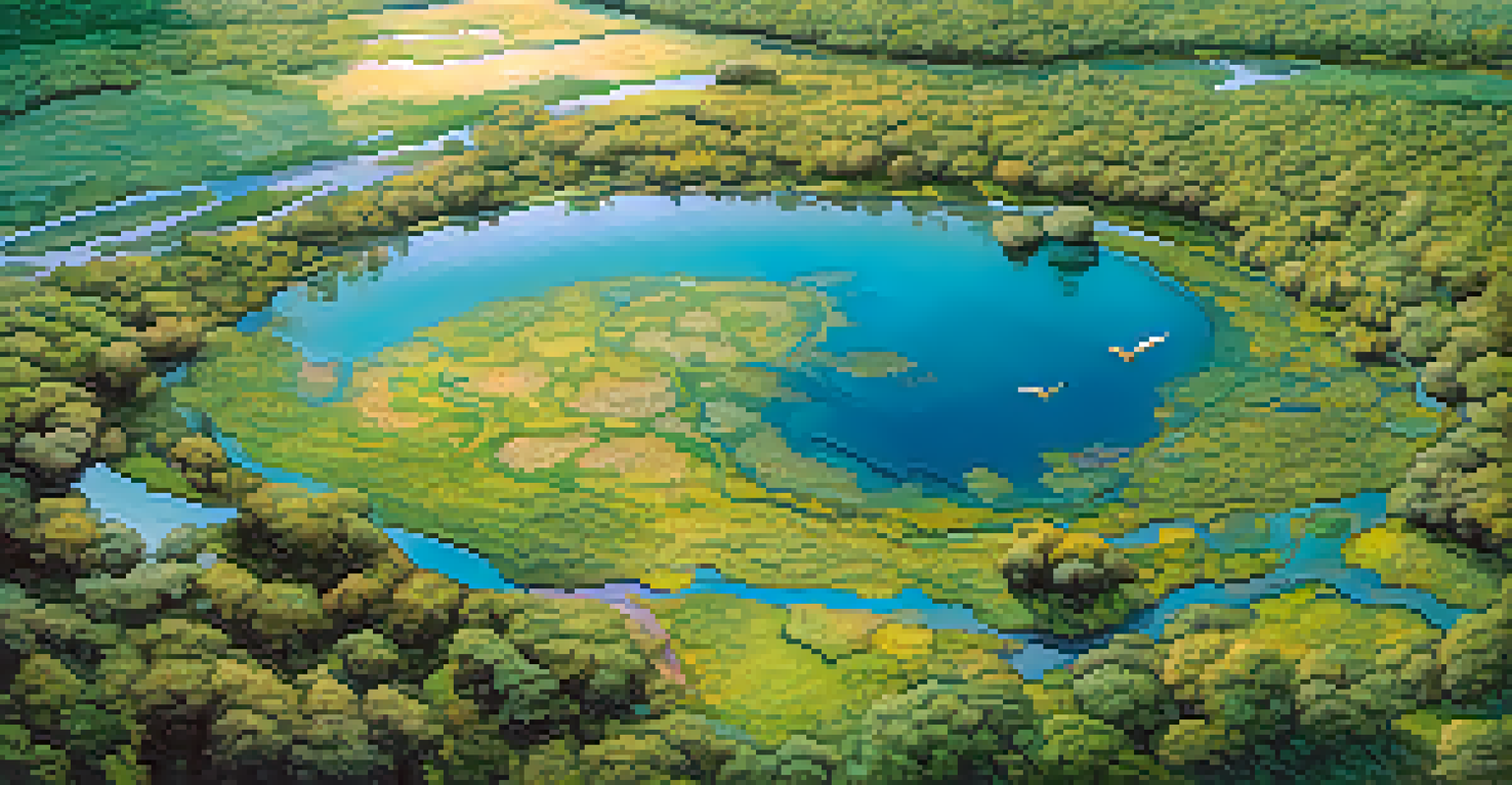 An aerial perspective of a Florida freshwater spring, showing its circular shape and clear water, with wildlife and wildflowers around its edges.