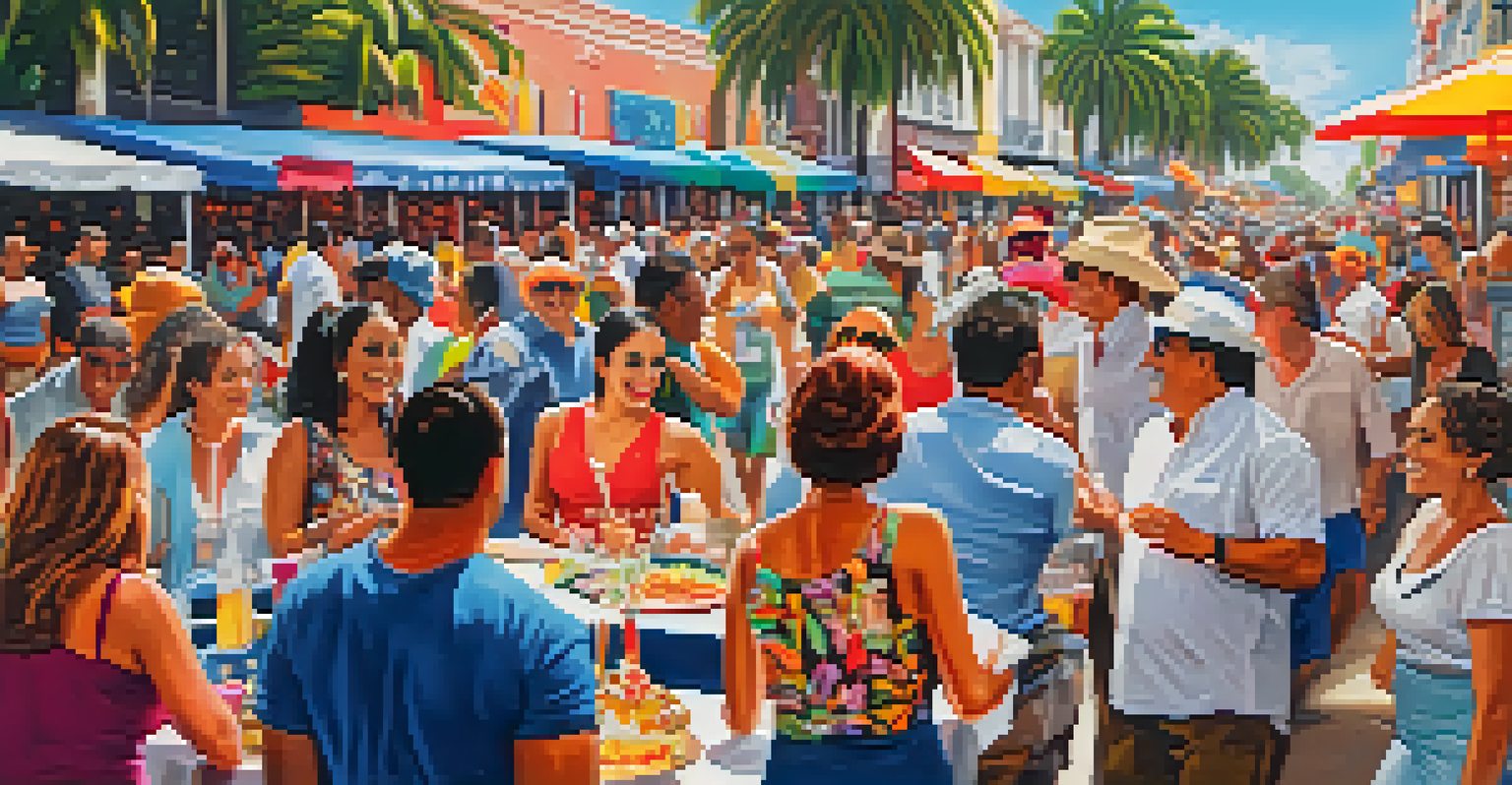 A lively outdoor festival scene with people enjoying music and food, celebrating Cuban culture in Miami.