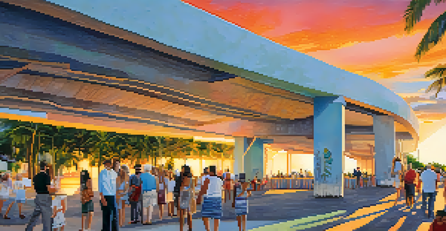 The Miami Marine Stadium with iconic concrete arches, vibrant murals, and people gathered for a community event at sunset.