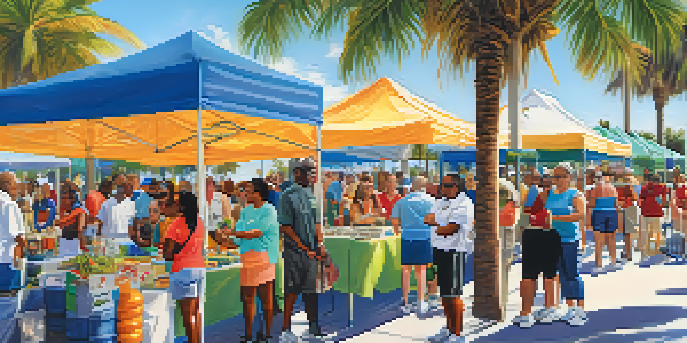 A lively community health fair in Florida with people participating in various health activities under a sunny sky.