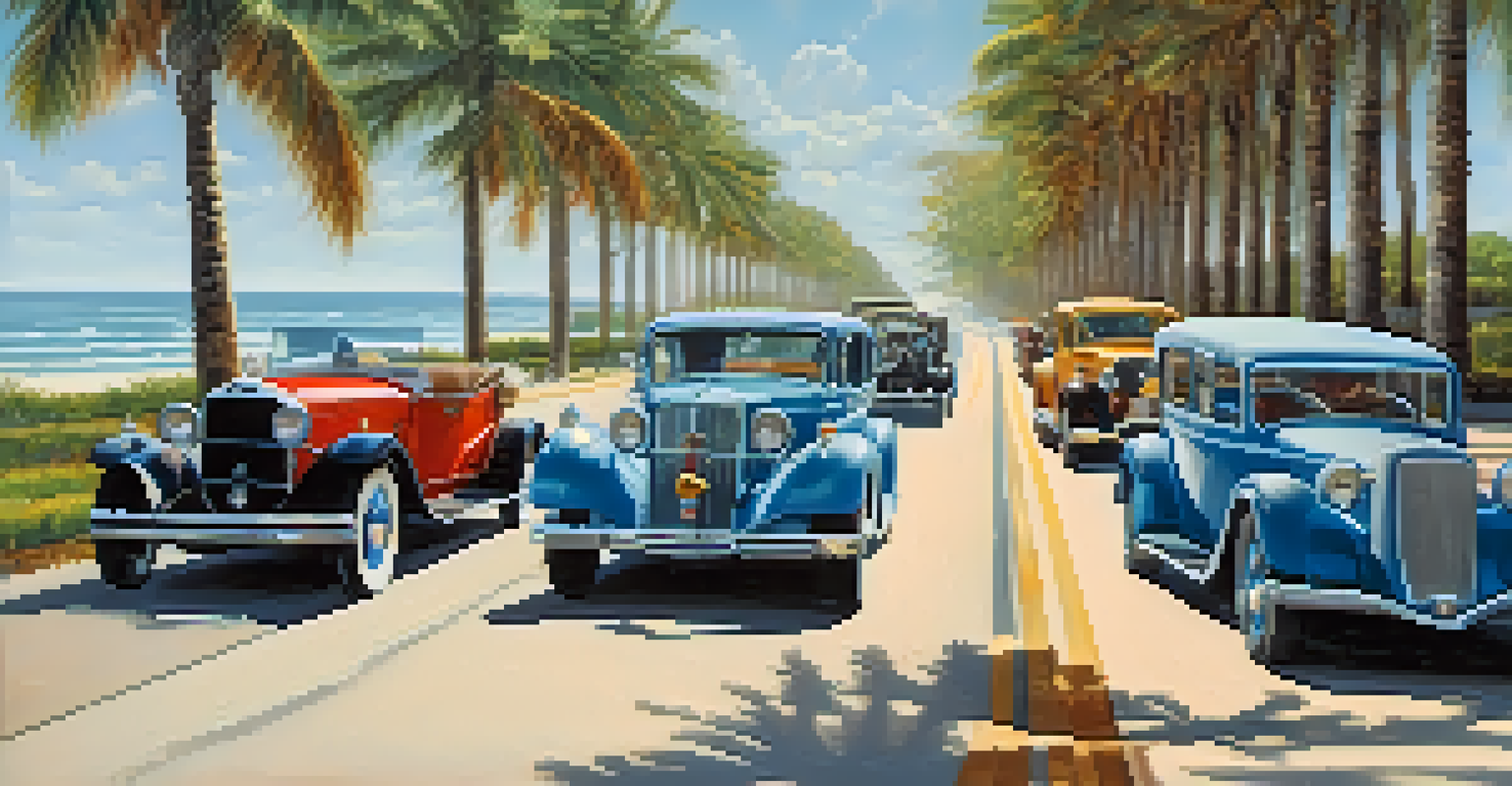 Vintage automobiles traveling along a paved highway in Florida with palm trees and a glimpse of the ocean in the background.