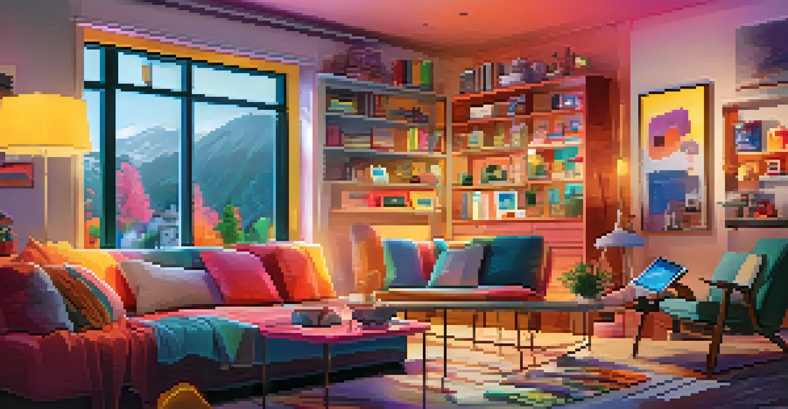 A person shopping online in a cozy living room, with a laptop displaying colorful product images, showcasing the e-commerce experience.