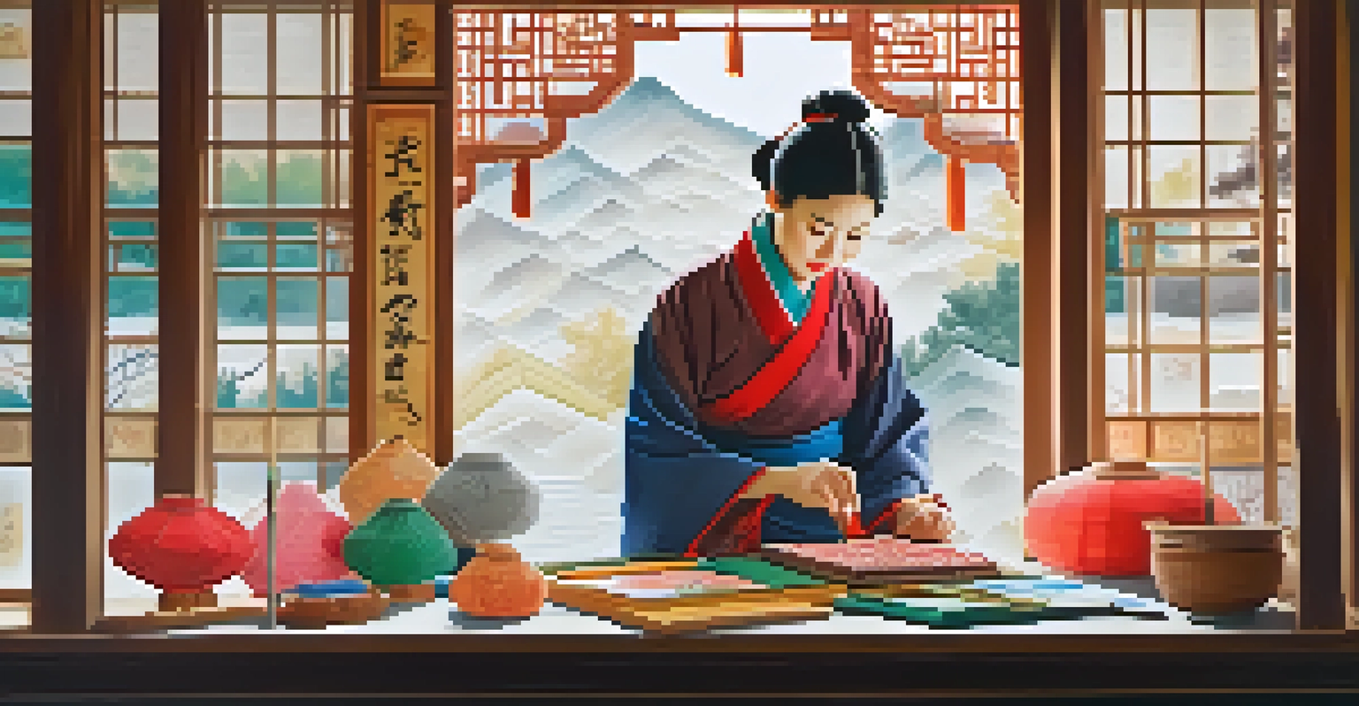 An artisan creating intricate origami and calligraphy in a well-lit workspace filled with colorful paper and art supplies.