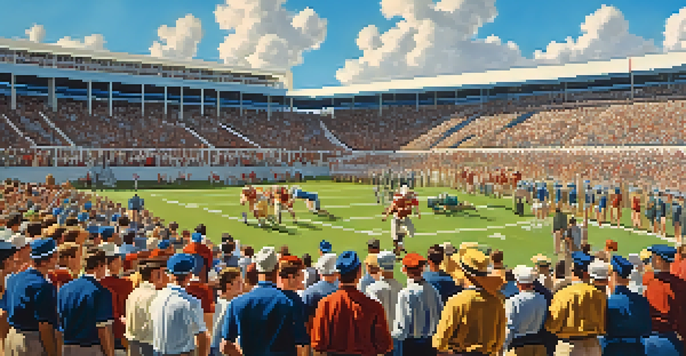 A lively high school football game in 1950s Florida, with fans in vintage clothing and players on the field under a sunny sky.