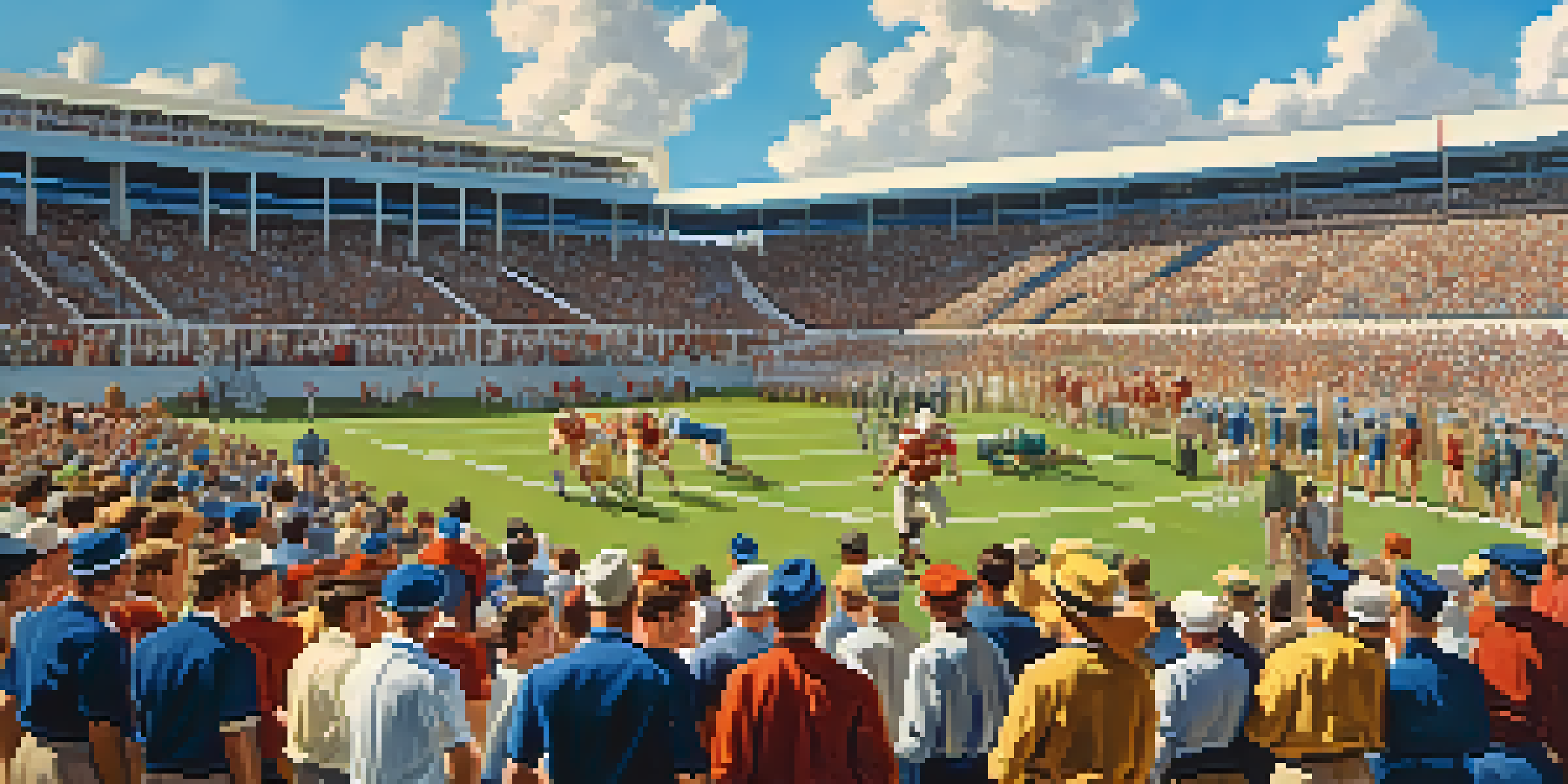 A lively high school football game in 1950s Florida, with fans in vintage clothing and players on the field under a sunny sky.