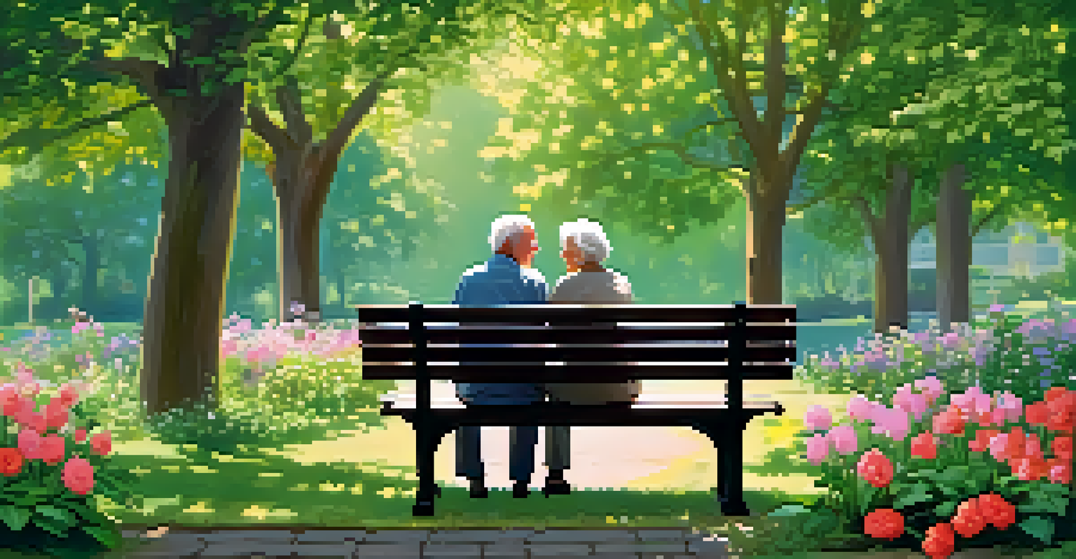 An elderly couple sitting on a bench in a peaceful park, surrounded by greenery and flowers, enjoying each other's presence in the soft sunlight.