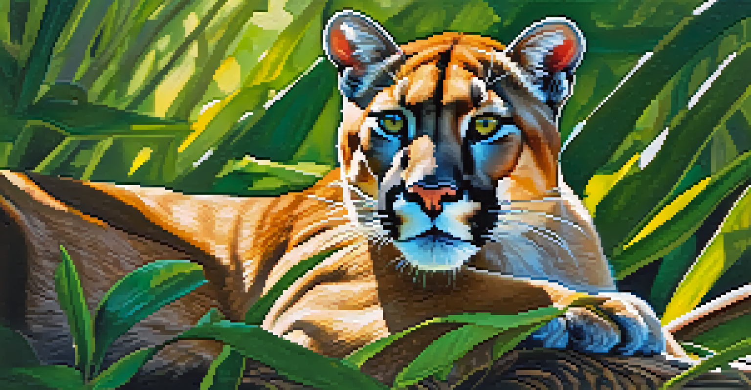 A close-up of a Florida panther resting in a sunlit forest, with its coat contrasting against the green foliage.