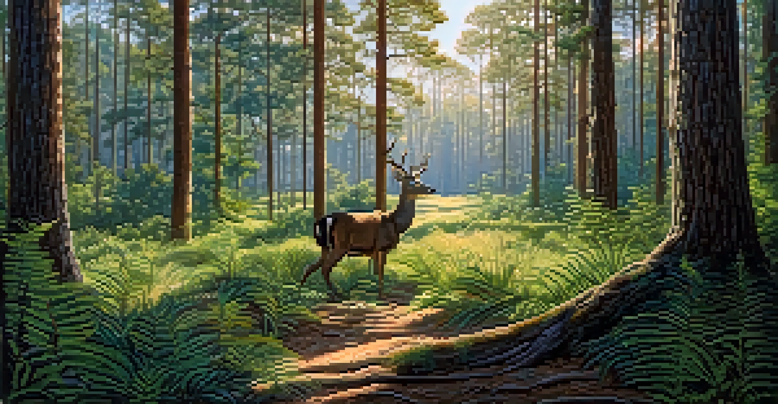 A scenic view of a Florida longleaf pine forest with tall trees, wildflowers, and a grazing deer under a clear blue sky.