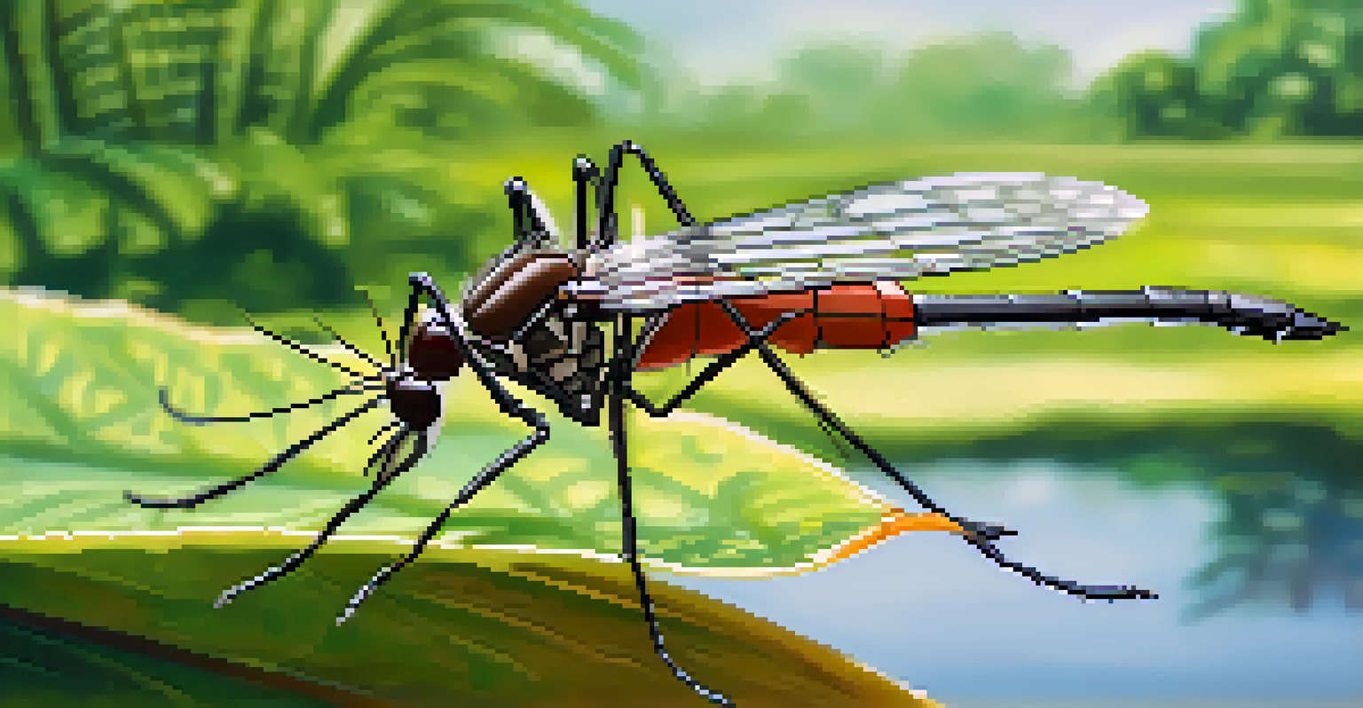A close-up of a mosquito on a leaf in a humid Florida wetland.