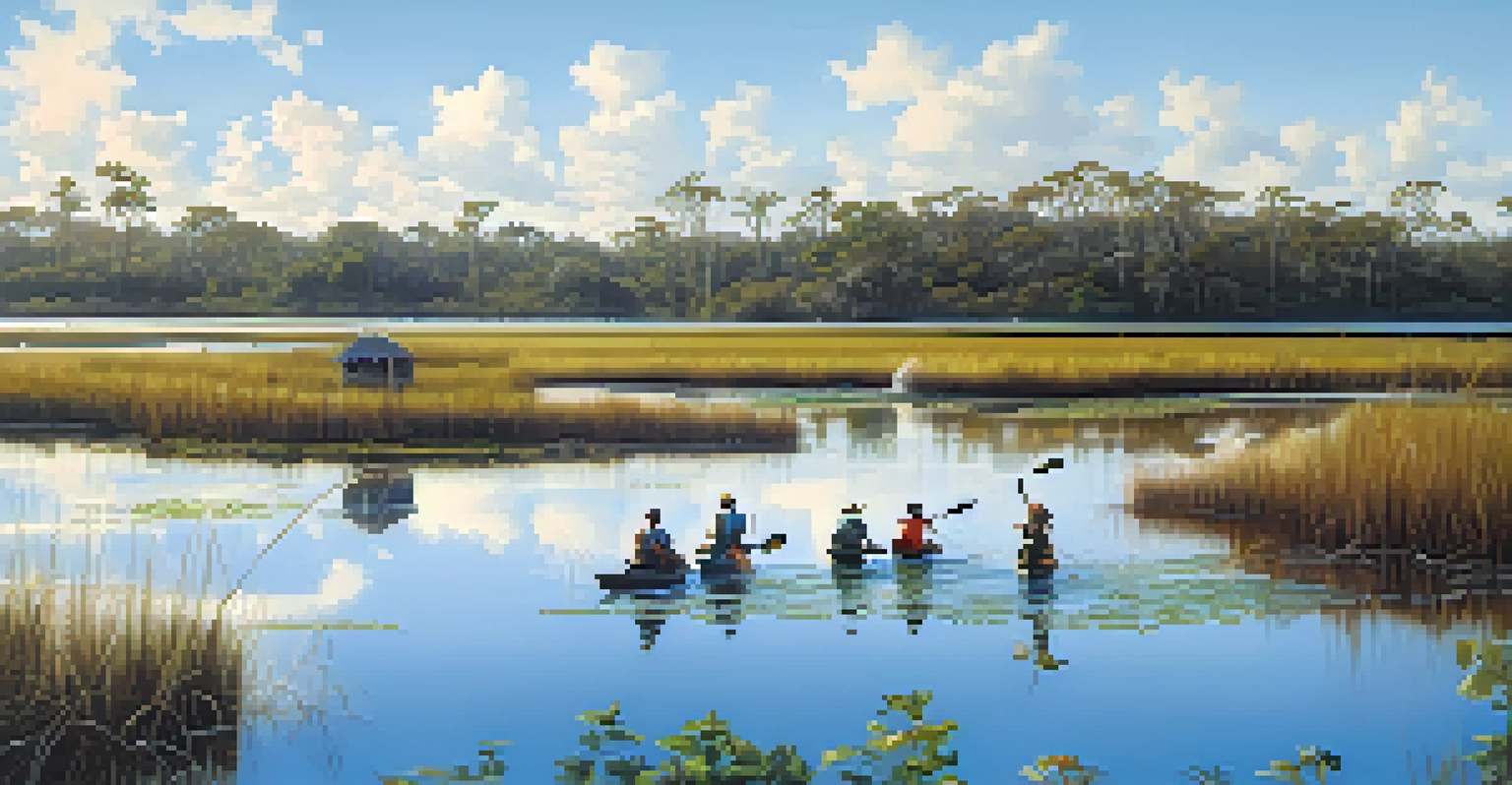 A peaceful Florida wetland landscape with Indigenous individuals planting native plants, reflecting a commitment to environmental stewardship.