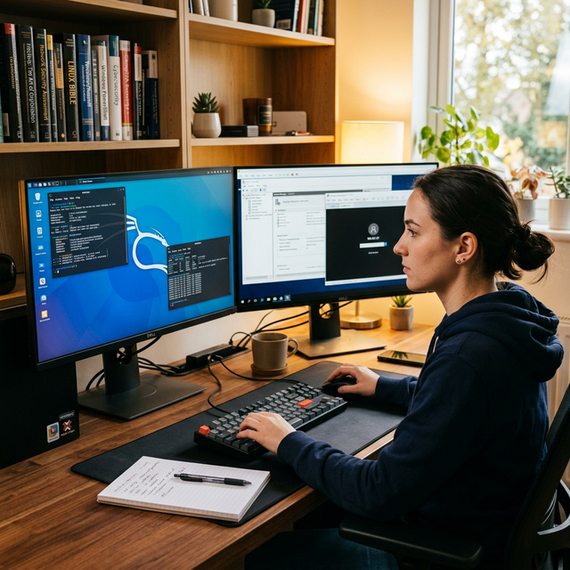 girl sitting in front of two monitors with keyboard and mouse on her on desk, searching for cyber secuirty jobs.