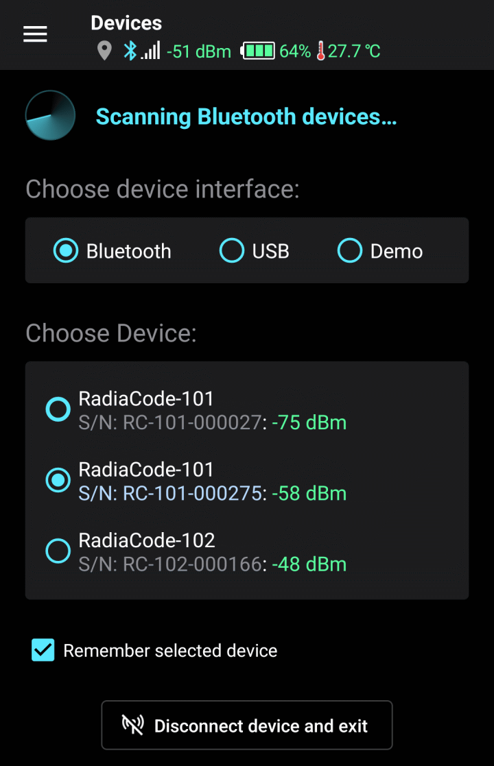 Device selection dialog inside the app