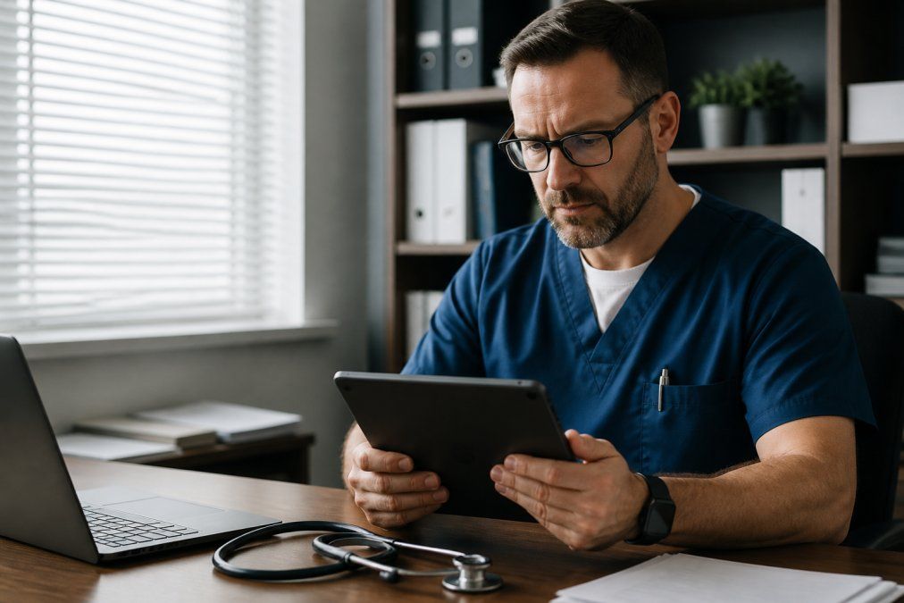 A healthcare IT professional reviewing a security checklist on a tablet in a medical office, stethoscope and open laptop on the desk beside him, soft daylight through window blinds
