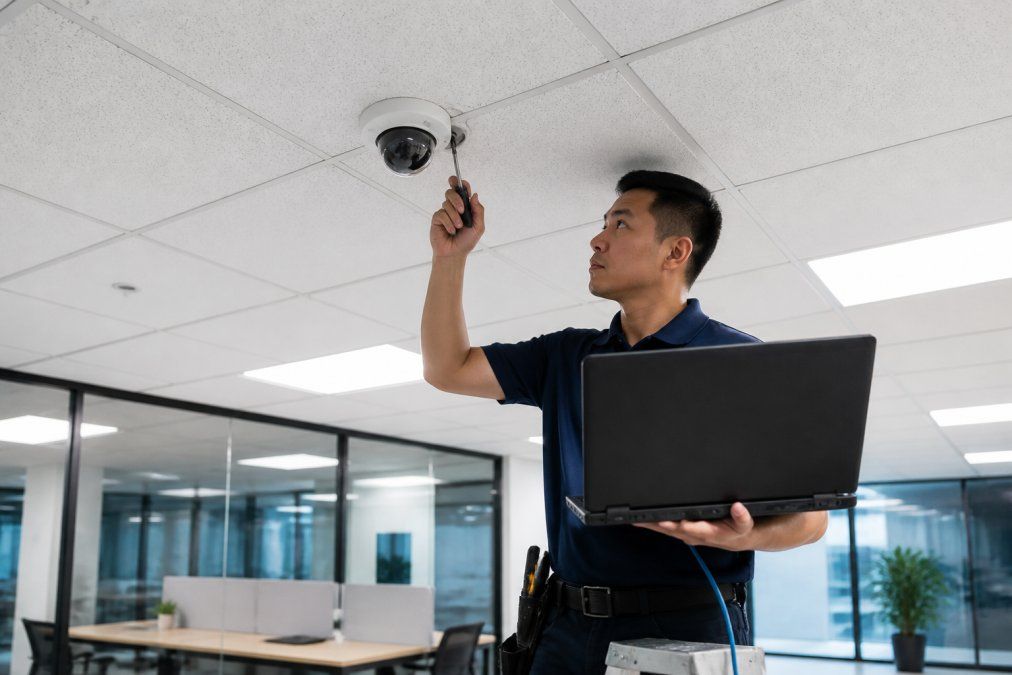 A professional technician in a branded uniform installing a dome security camera on the ceiling of a modern office building, using a screwdriver and checking the connection on a laptop
