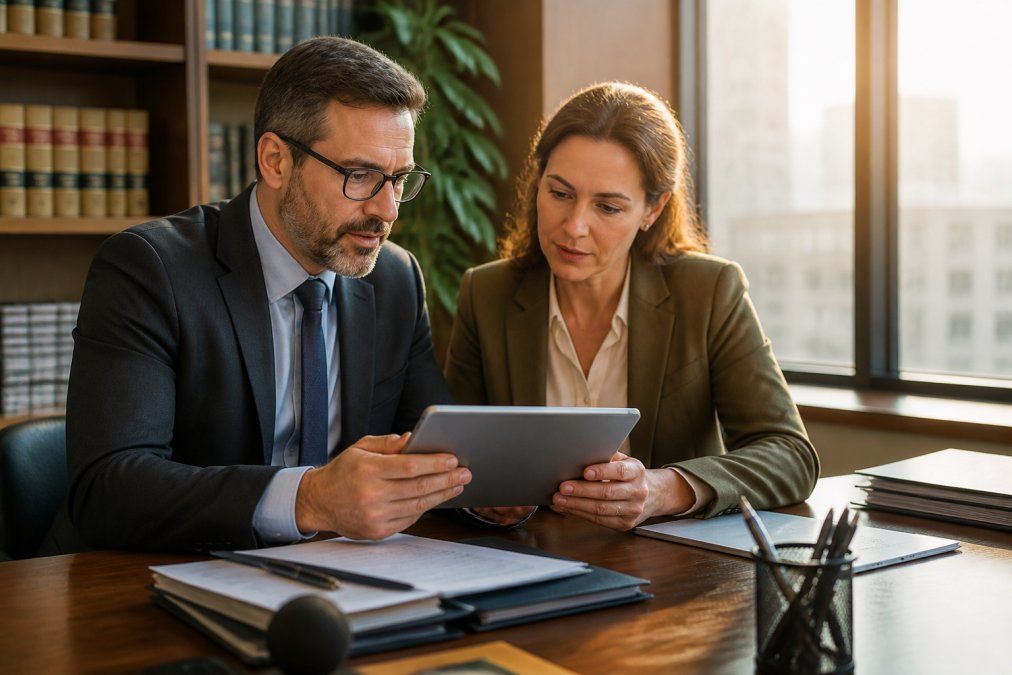 A legal IT professional and a law firm office manager reviewing a tablet with provider comparison notes at a modern desk, warm afternoon light through office windows
