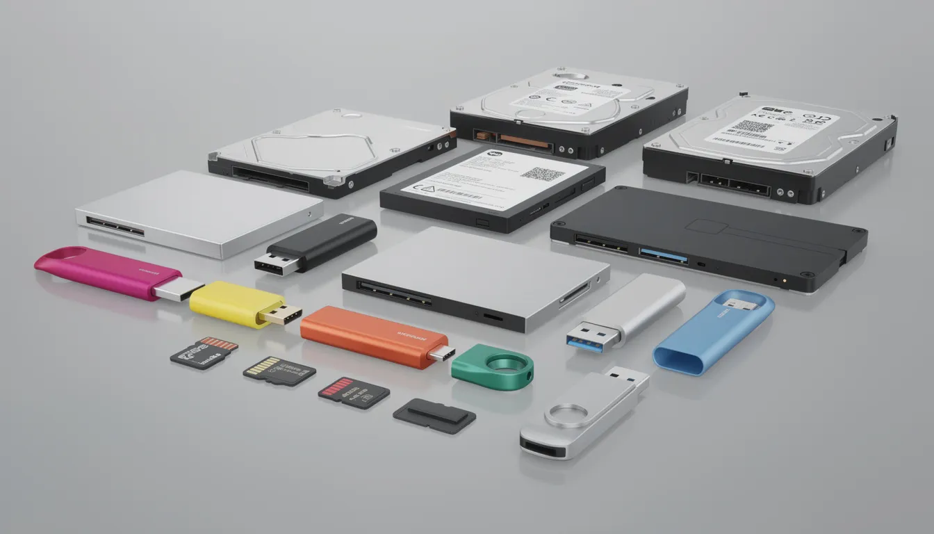 The image showcases a collection of various storage devices, including hard drives, solid state drives (SSDs), USB flash drives, and memory cards, highlighting the importance of these tools in data recovery processes. These devices are essential for storing critical data and can be used in scenarios involving lost data or accidental deletion, emphasizing the need for professional data recovery services.