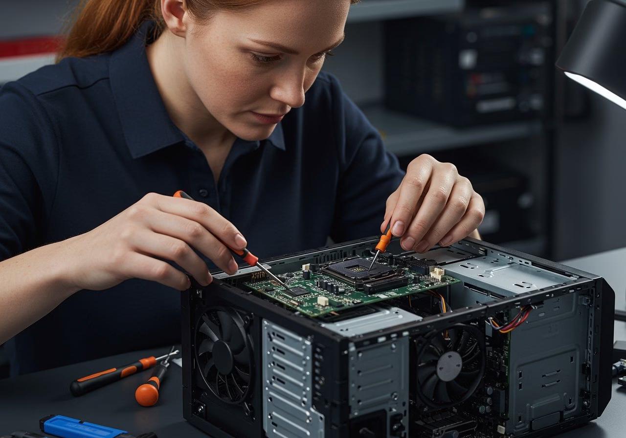 Woman performing computer repair services