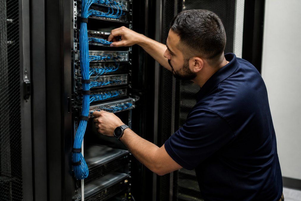 A technician in a branded polo shirt performing on-site server maintenance in a small business server room, checking cables and equipment with a focused expression