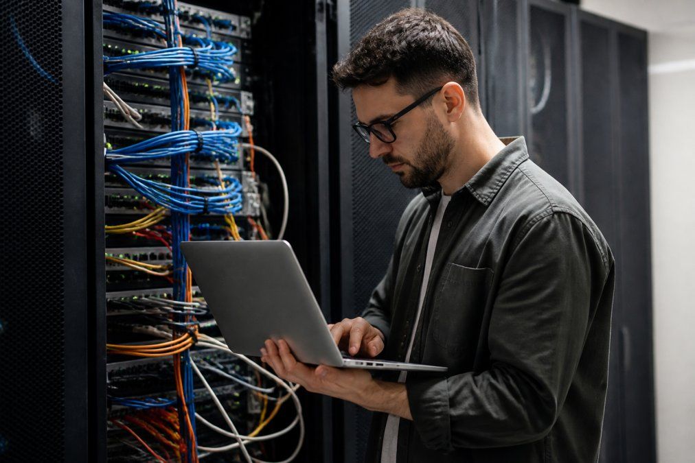 IT technician using a laptop to manage network servers as a reliable clickaway alternative for business support