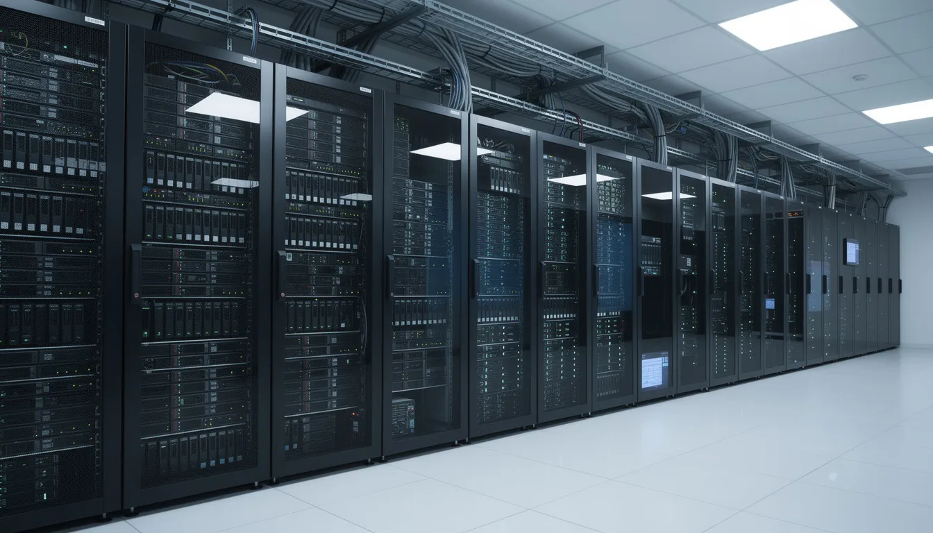 The image depicts a server room filled with enterprise storage systems, showcasing numerous blinking status lights that indicate operational status. This environment is crucial for data recovery services, emphasizing the importance of maintaining data security and efficient recovery processes for critical data.