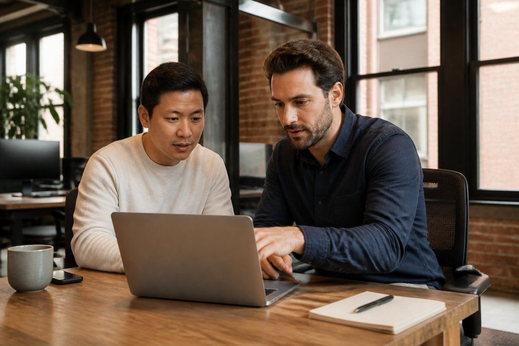 A startup founder and an IT consultant reviewing a network diagram on a laptop in a bright, modern office with exposed brick walls