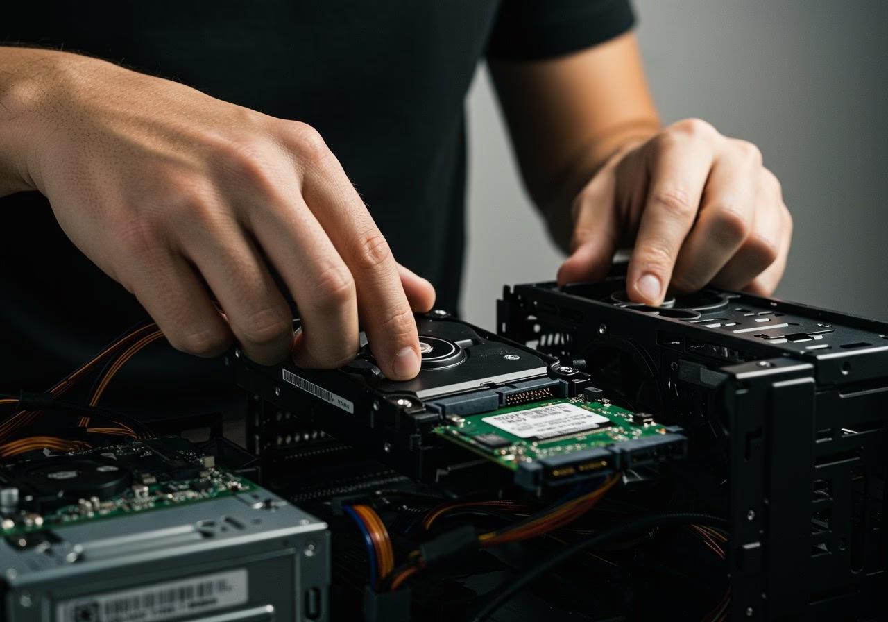 Technician performing a computer repair service