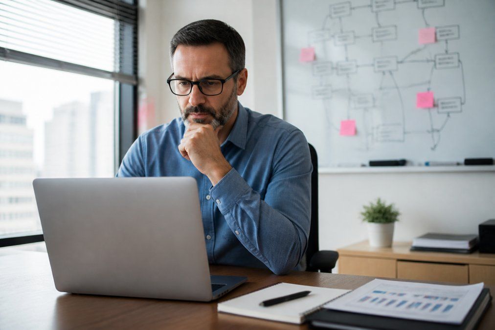 An IT manager reviewing a cloud migration roadmap on a laptop in a modern office, with a whiteboard showing application dependencies in the background
