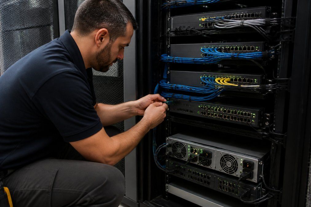 IT technician inspecting redundant network switches to prevent network downtime in a server room.