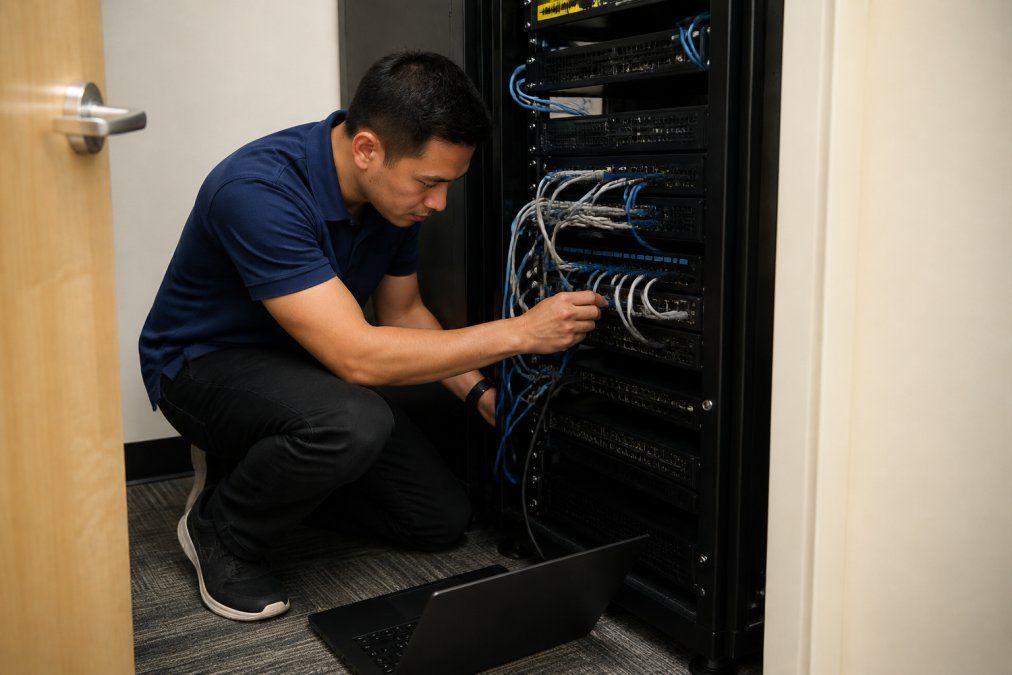 A technician in a collared shirt kneeling beside a server rack in a small office closet, laptop open on the floor, checking cables and indicator lights