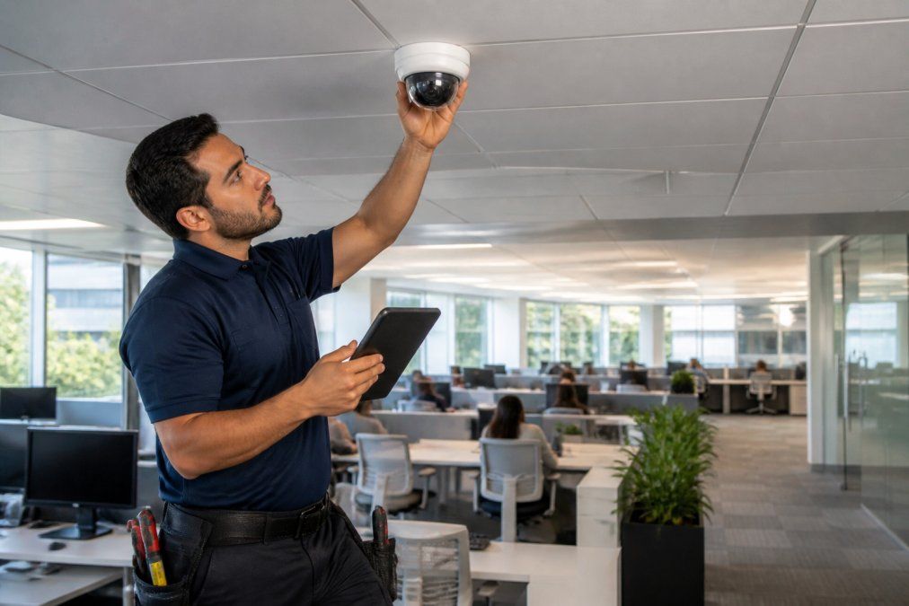 IT technician installing a dome camera for office surveillance in a modern workspace