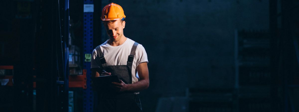 Worker in a warehouse checking boxes on a shelf