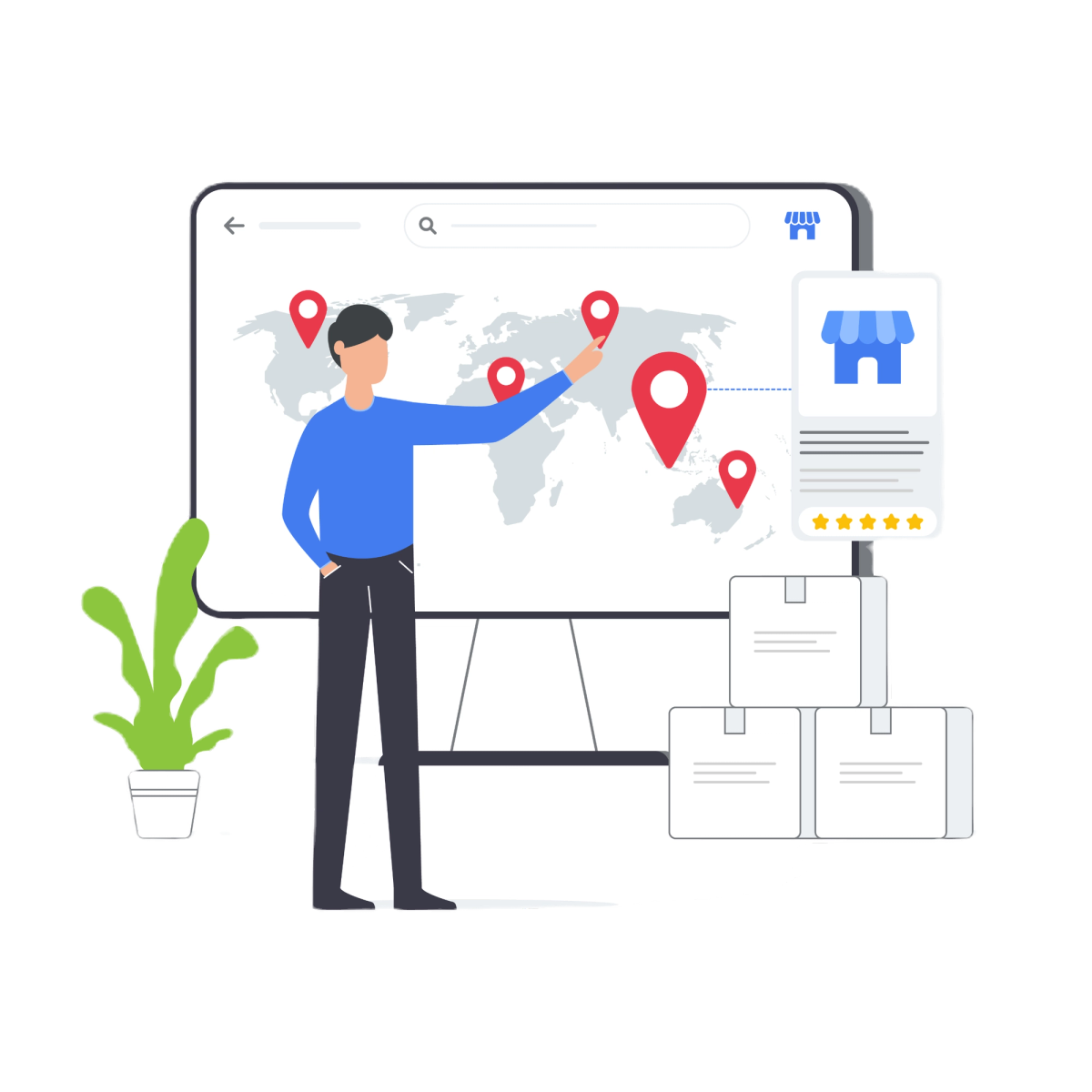 Illustration of a person tracking asset locations on a world map
