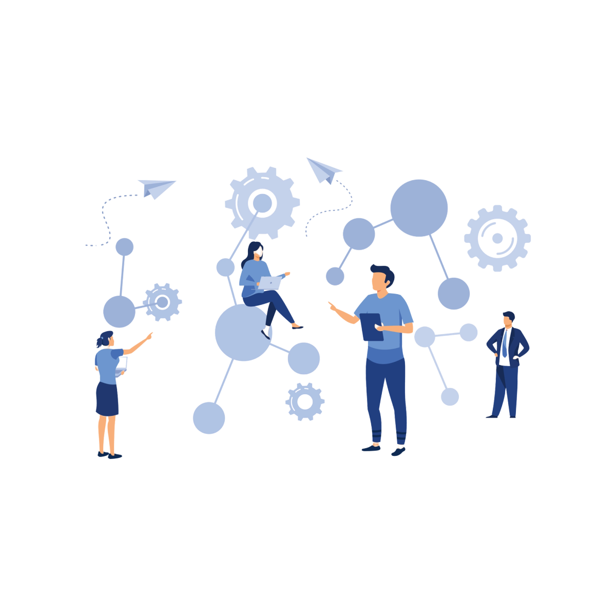 Illustration of a connected team collaborating across a network
