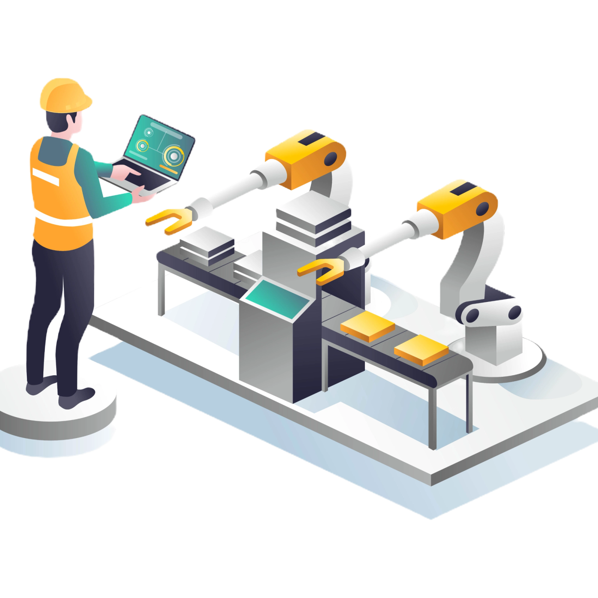 Illustration of an operator monitoring robotic arms on a production line via laptop