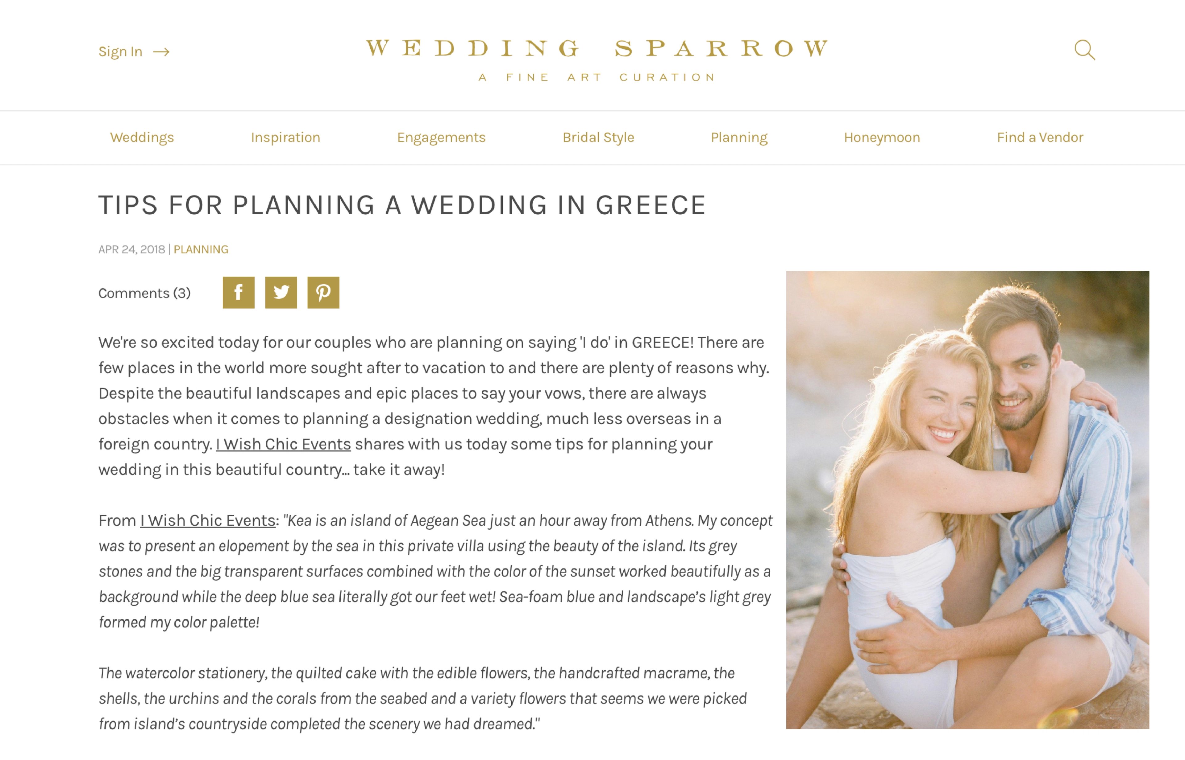 Wedding Sparrow — Tips for planning a wedding in Greeece — press feature