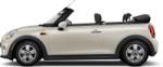 A side view of the Mini Cooper convertible with the doors closed and the roof down.