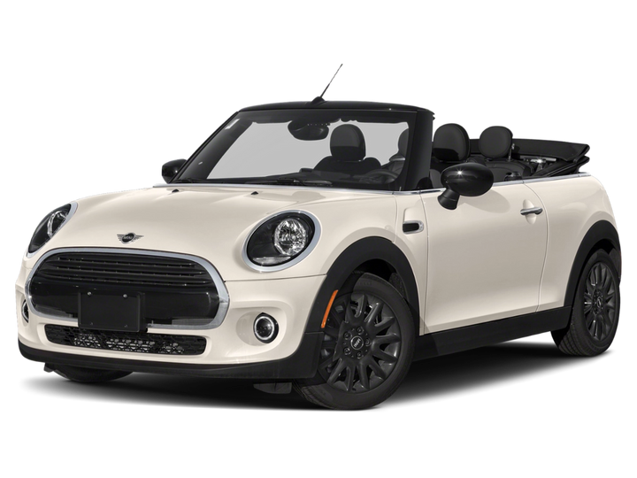 a white convertible mini cooper viewed from the front corner.