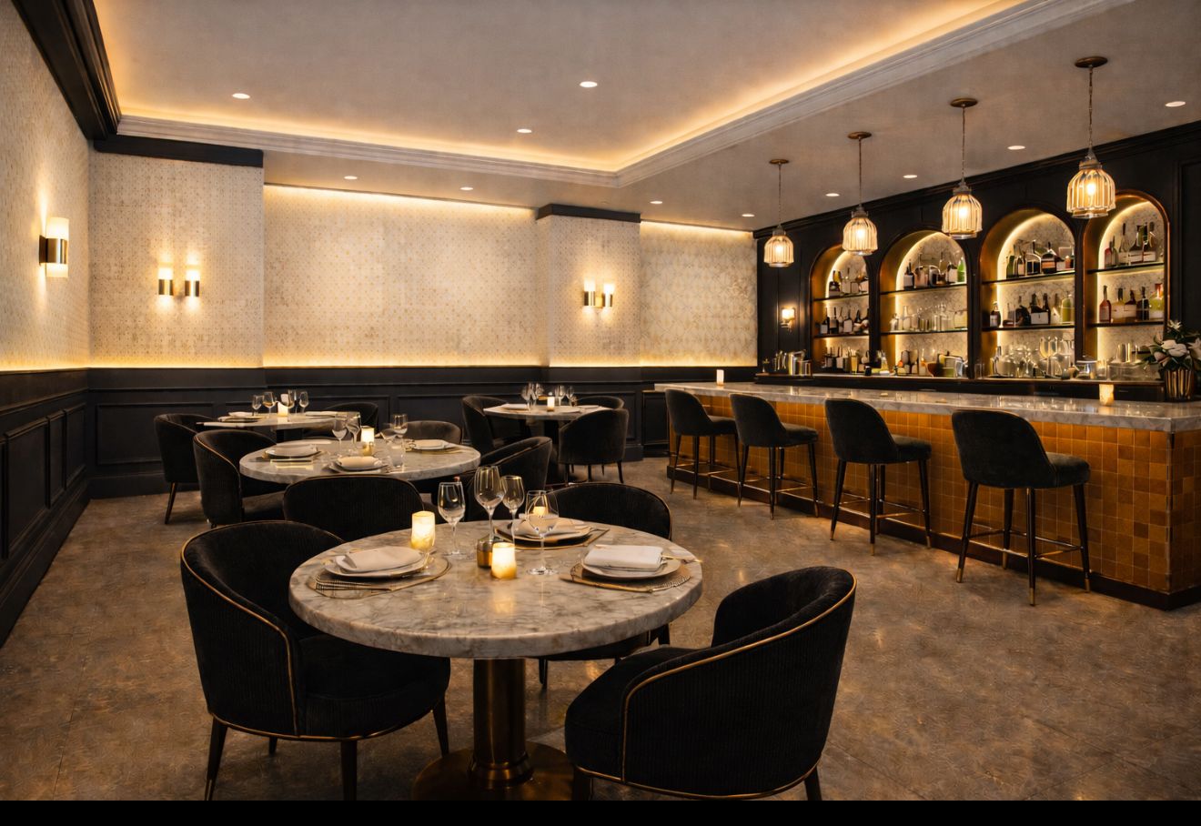 Salle du restaurant Noga : tables en marbre, fauteuils en velours et bar au fini doré