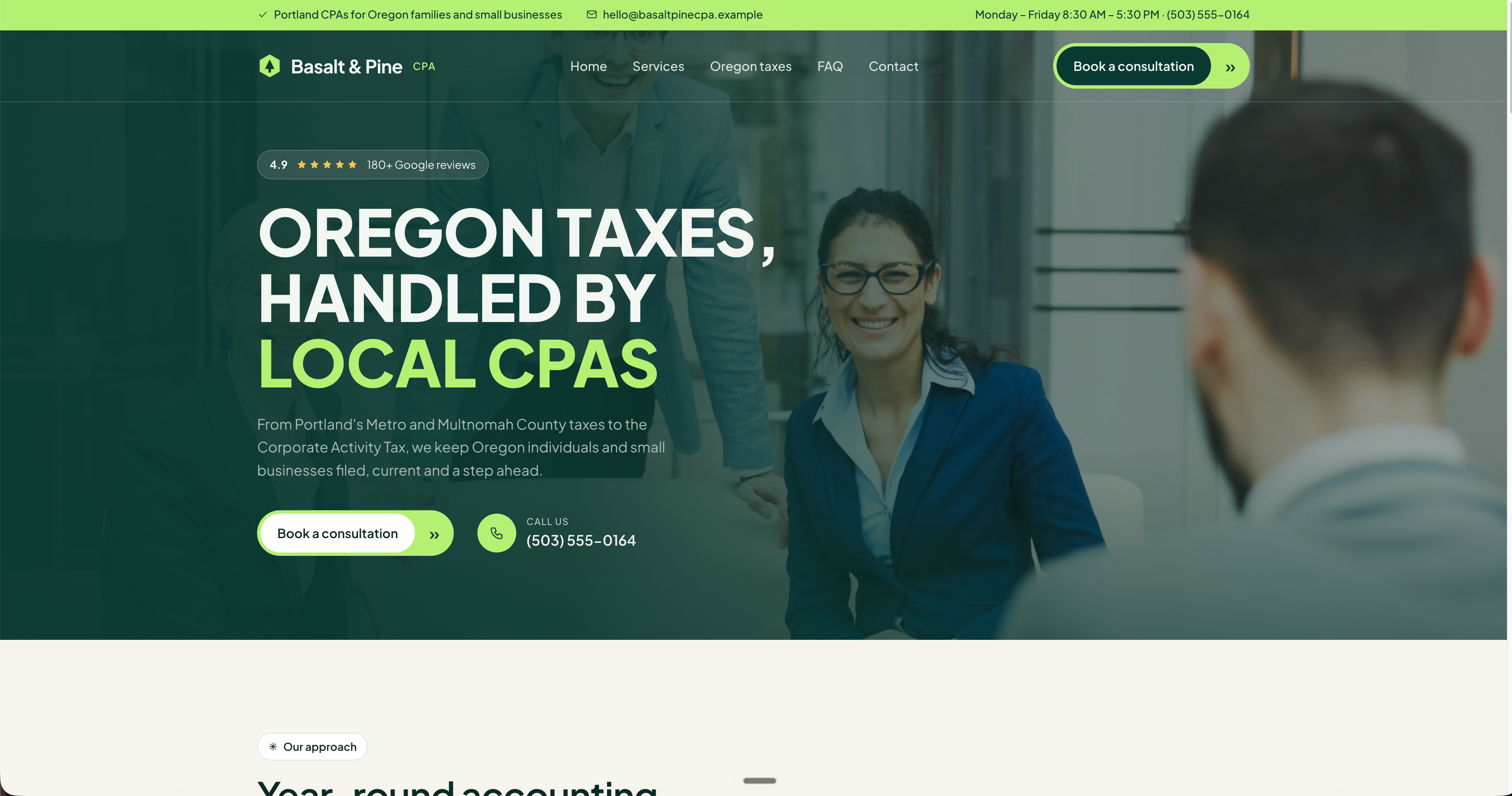 A website concept for a Portland CPA firm, with Oregon-specific tax content, eight clear service lines and an easy path to book a consultation. — Basalt & Pine CPA
