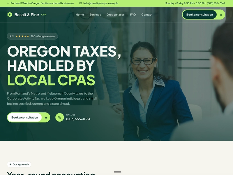 A website concept for a Portland CPA firm, with Oregon-specific tax content, eight clear service lines and an easy path to book a consultation. — Basalt & Pine CPA