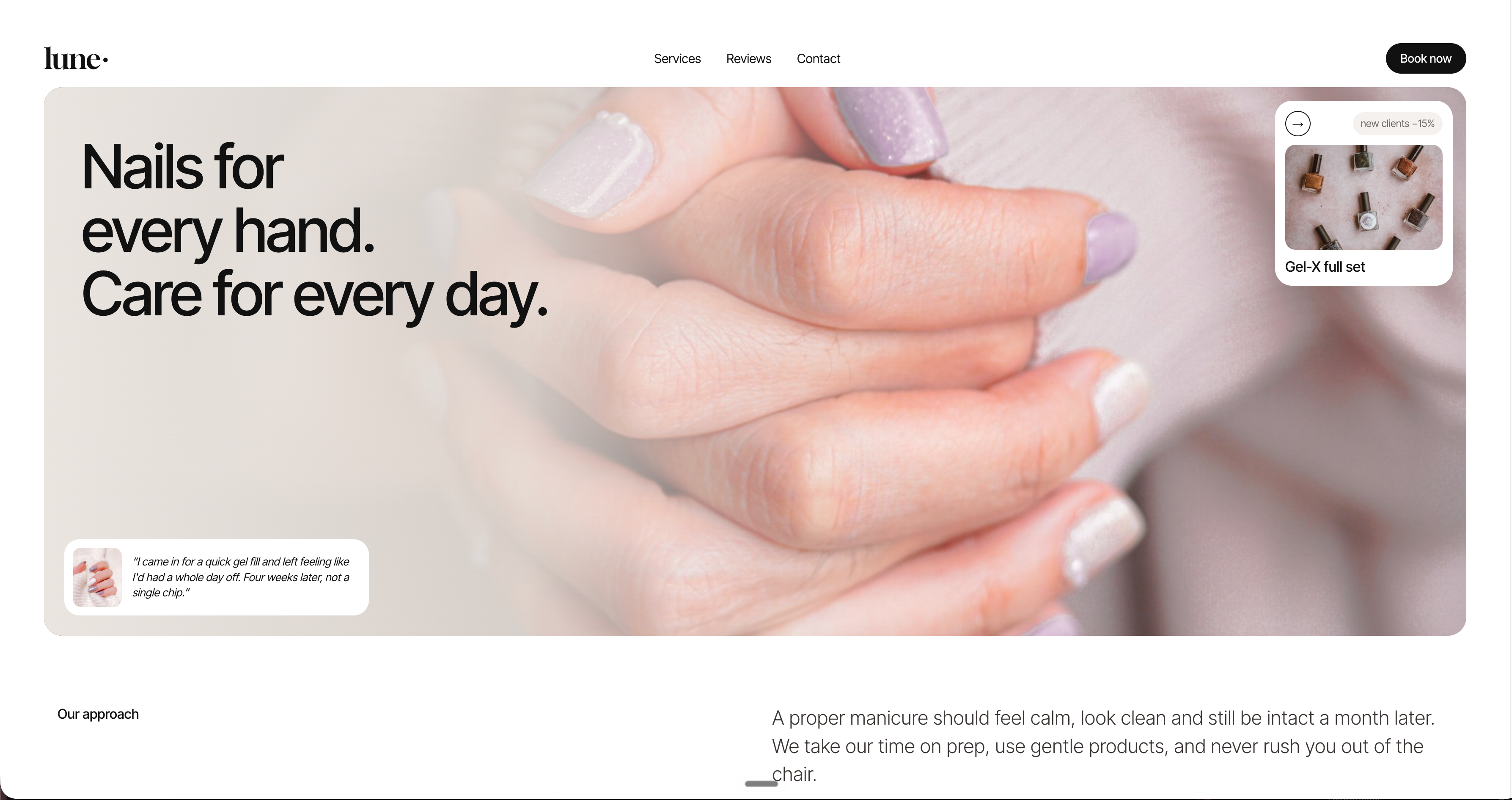 A booking-first website concept for a Los Angeles nail studio, built to turn menu browsing into appointments with clear prices, tiers and a chip guarantee. — Lune Nail Bar