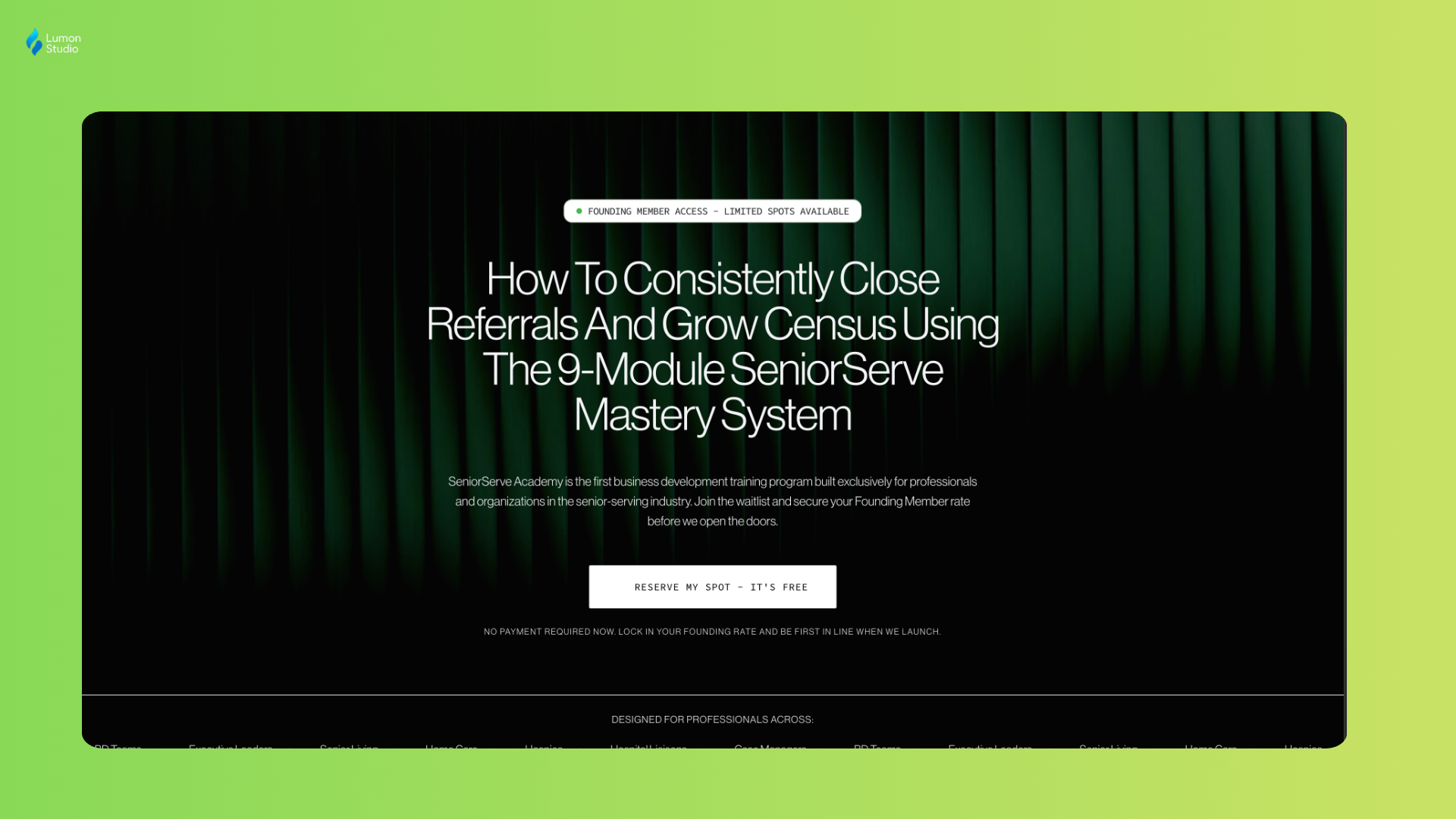 Athena Quinones needed a 36-lesson course for senior-serving professionals and a site to sell it. I built the pages and produced the lessons with AI video. — SeniorServe Academy