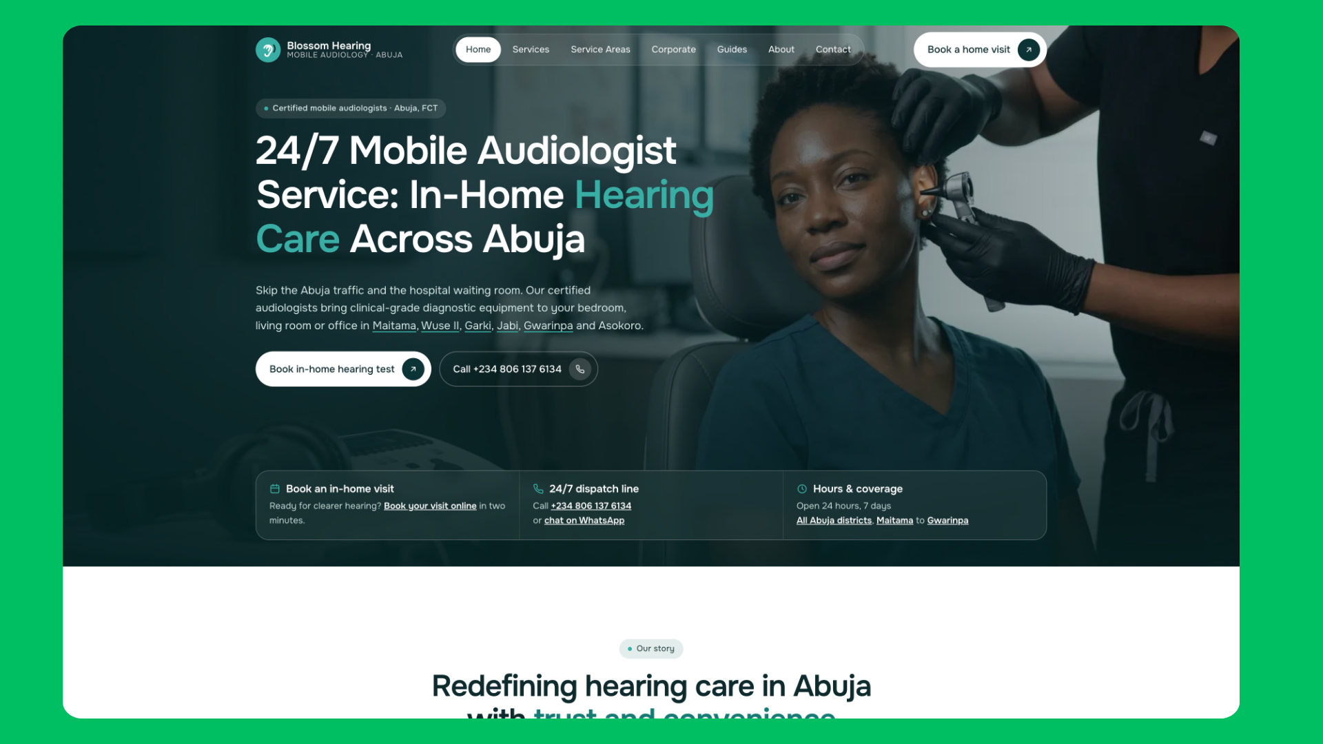 Dr. Adewumi Ojetoyinbo runs a hearing clinic that travels to patients across Abuja. I built the site that takes them from a blocked ear to a booked home visit. — Blossom Hearing