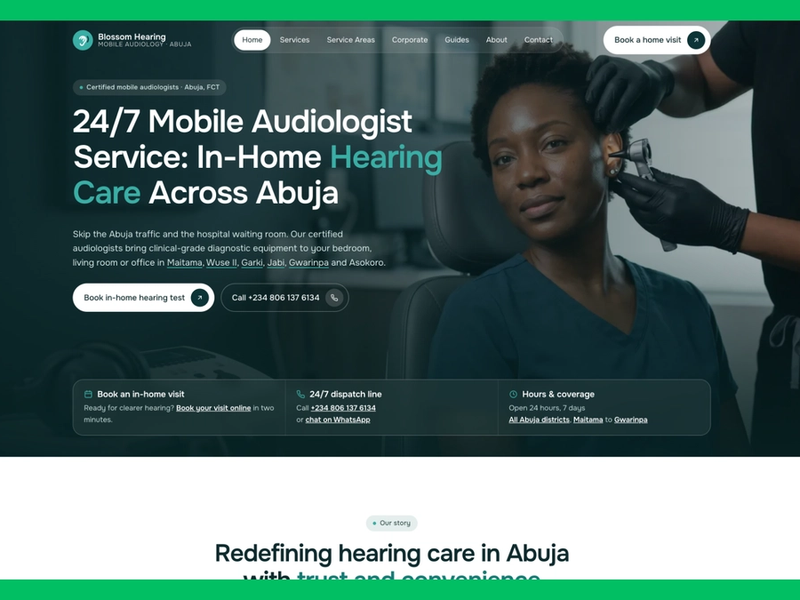 Dr. Adewumi Ojetoyinbo runs a hearing clinic that travels to patients across Abuja. I built the site that takes them from a blocked ear to a booked home visit. — Blossom Hearing