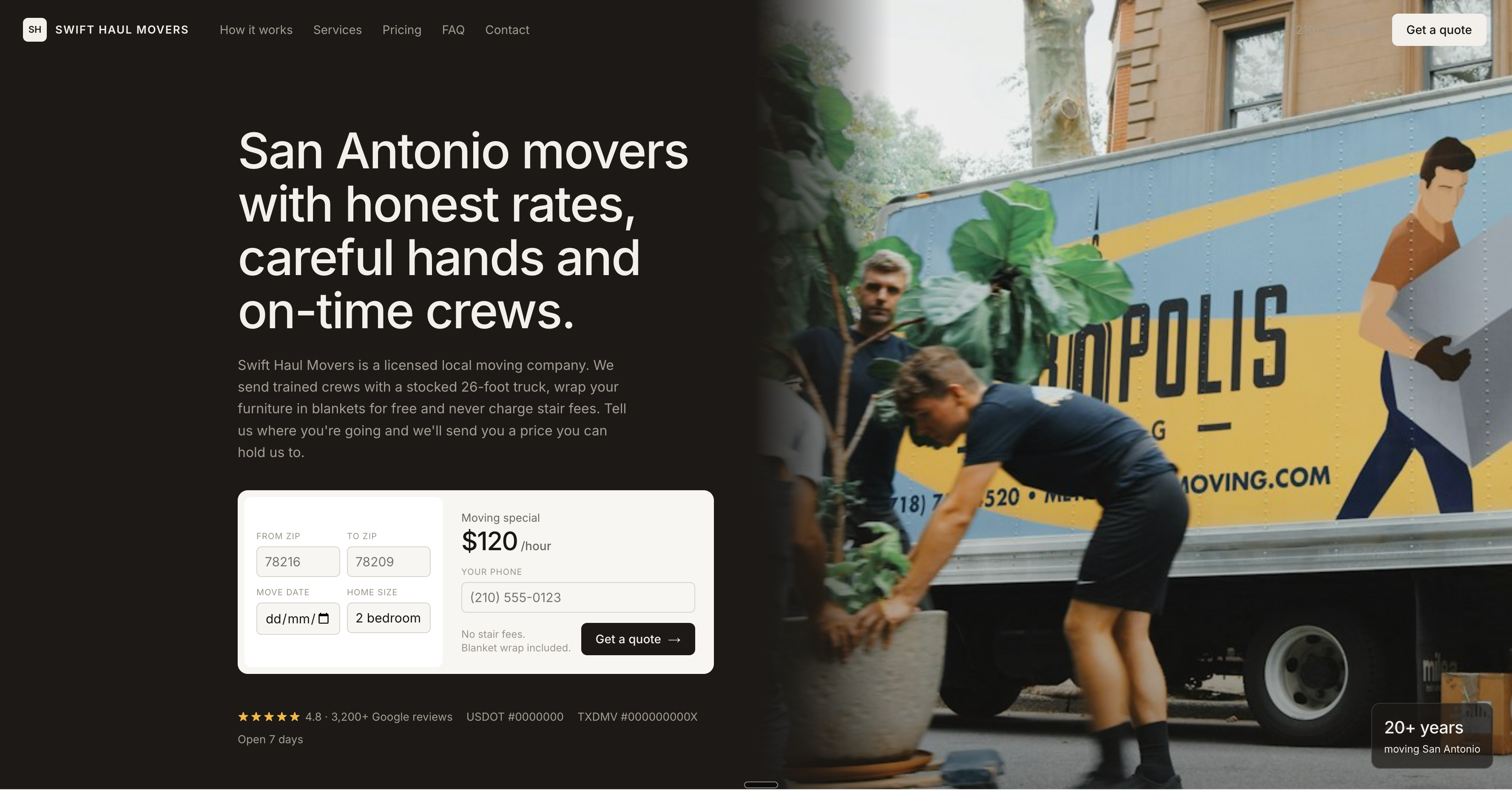 A quote-first website concept for a San Antonio moving company, with an instant quote form, upfront hourly pricing and an FAQ that handles objections. — Swift Haul Movers