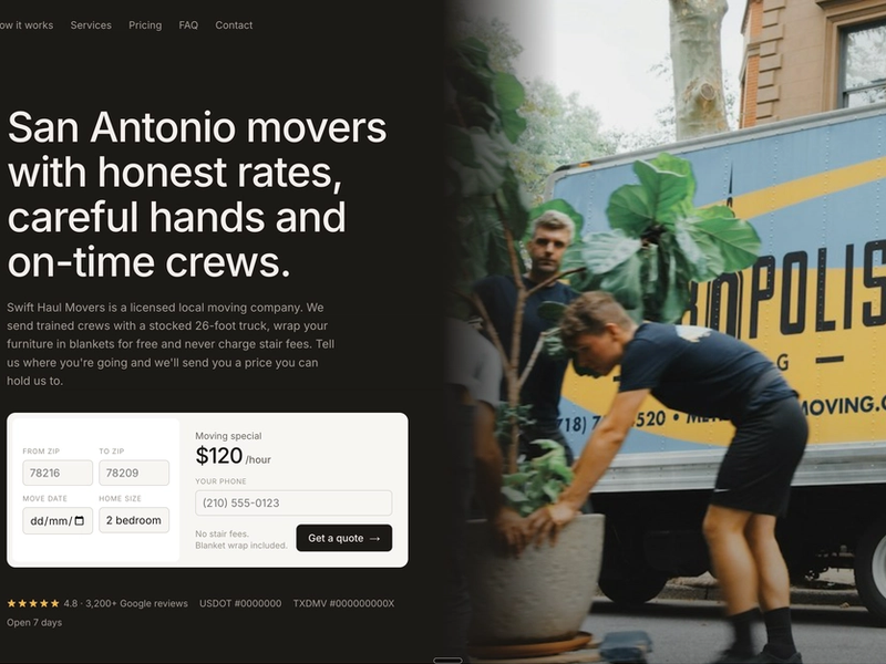 A quote-first website concept for a San Antonio moving company, with an instant quote form, upfront hourly pricing and an FAQ that handles objections. — Swift Haul Movers