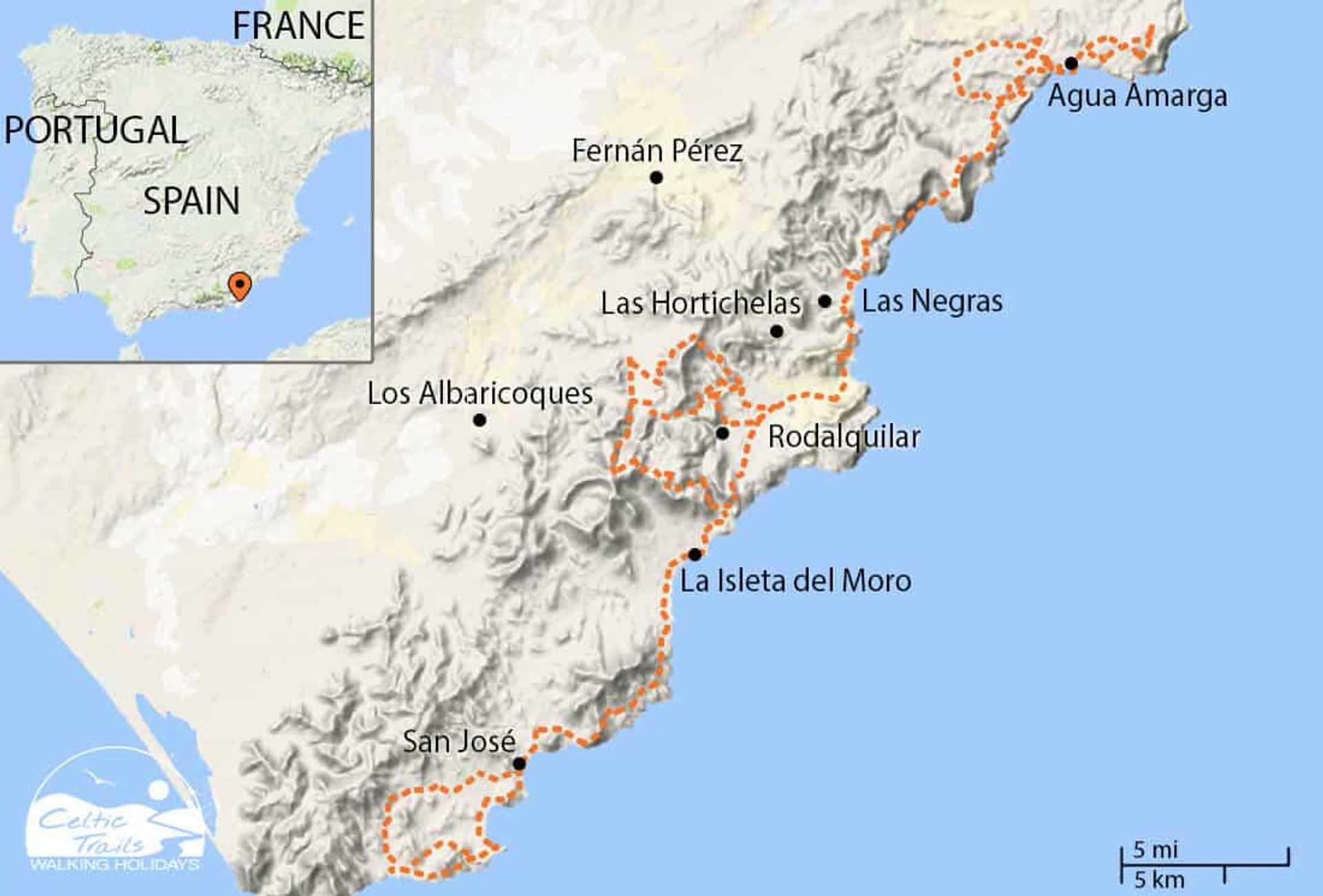 Walking Holiday map for the Cabo de Gata