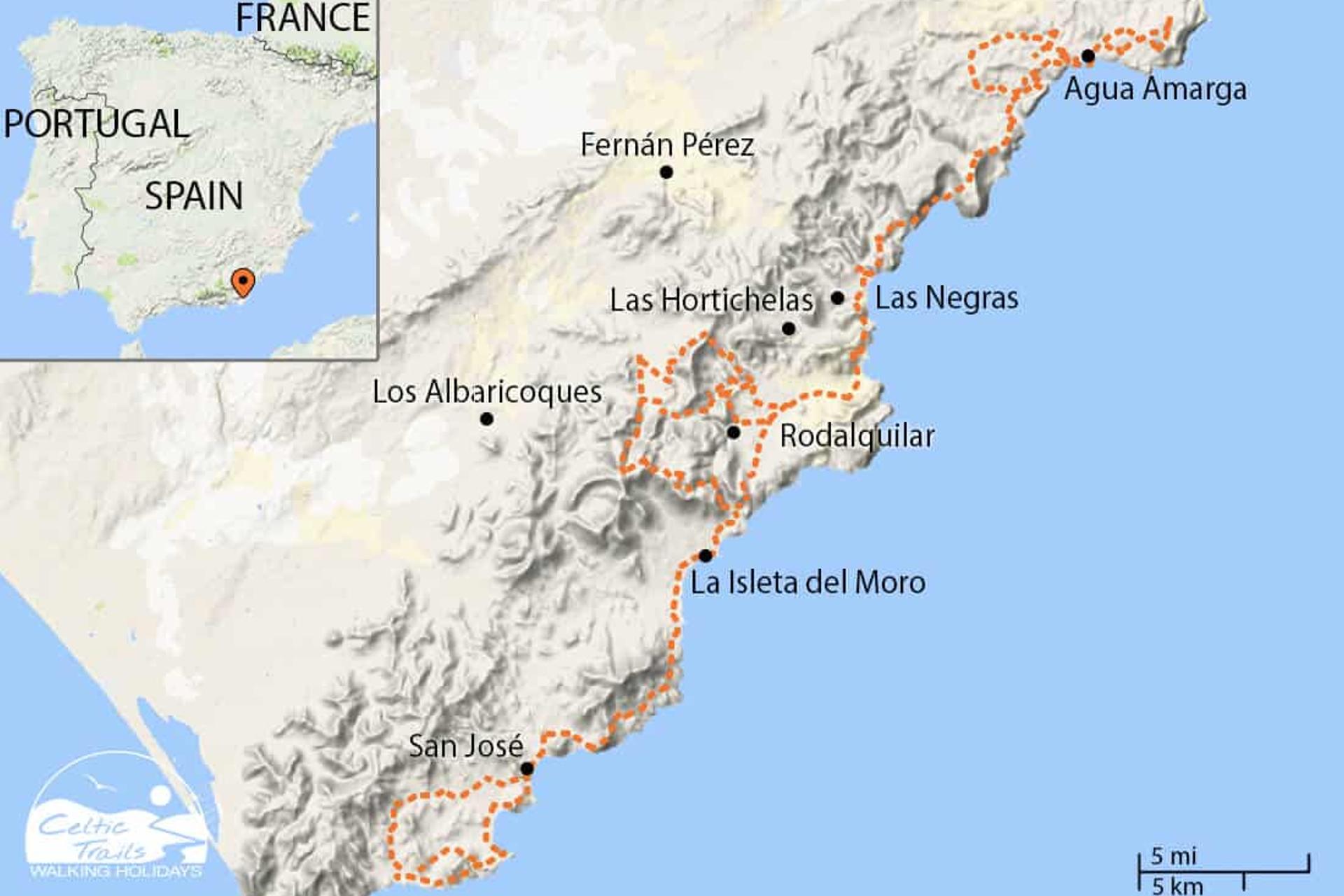 Walking Holiday map for the Cabo de Gata