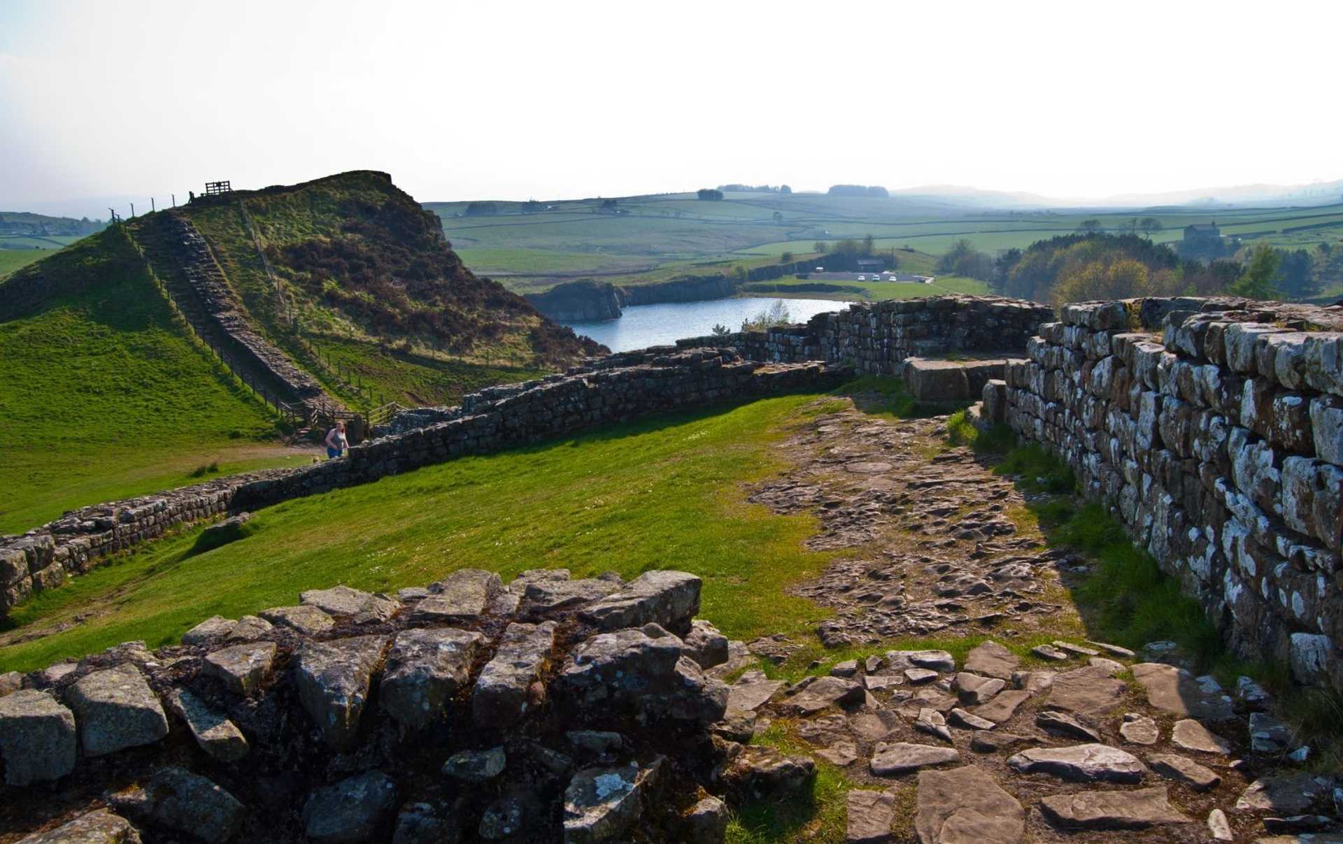Roman milecastle and Hadrian's Wall overlooking Crag Lough in Northumberland